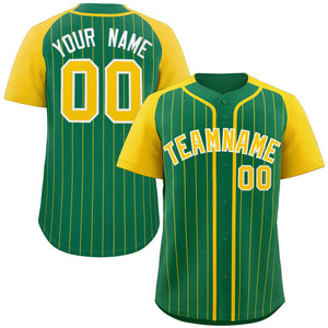 Custom Kelly Green Gold-White Stripe Fashion Raglan Sleeves Authentic Baseball Jersey