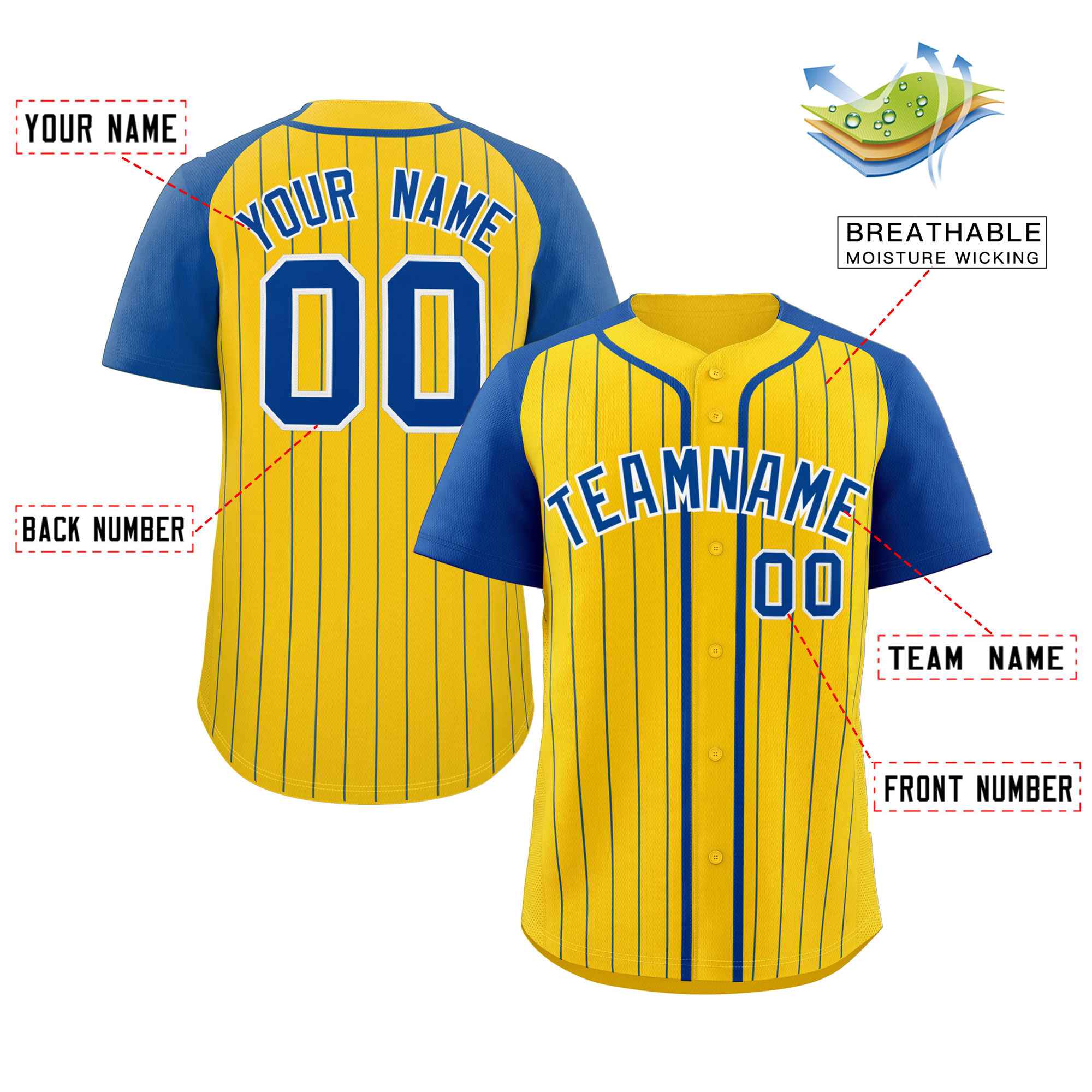 Custom Gold Royal-White Stripe Fashion Raglan Sleeves Authentic Baseball Jersey