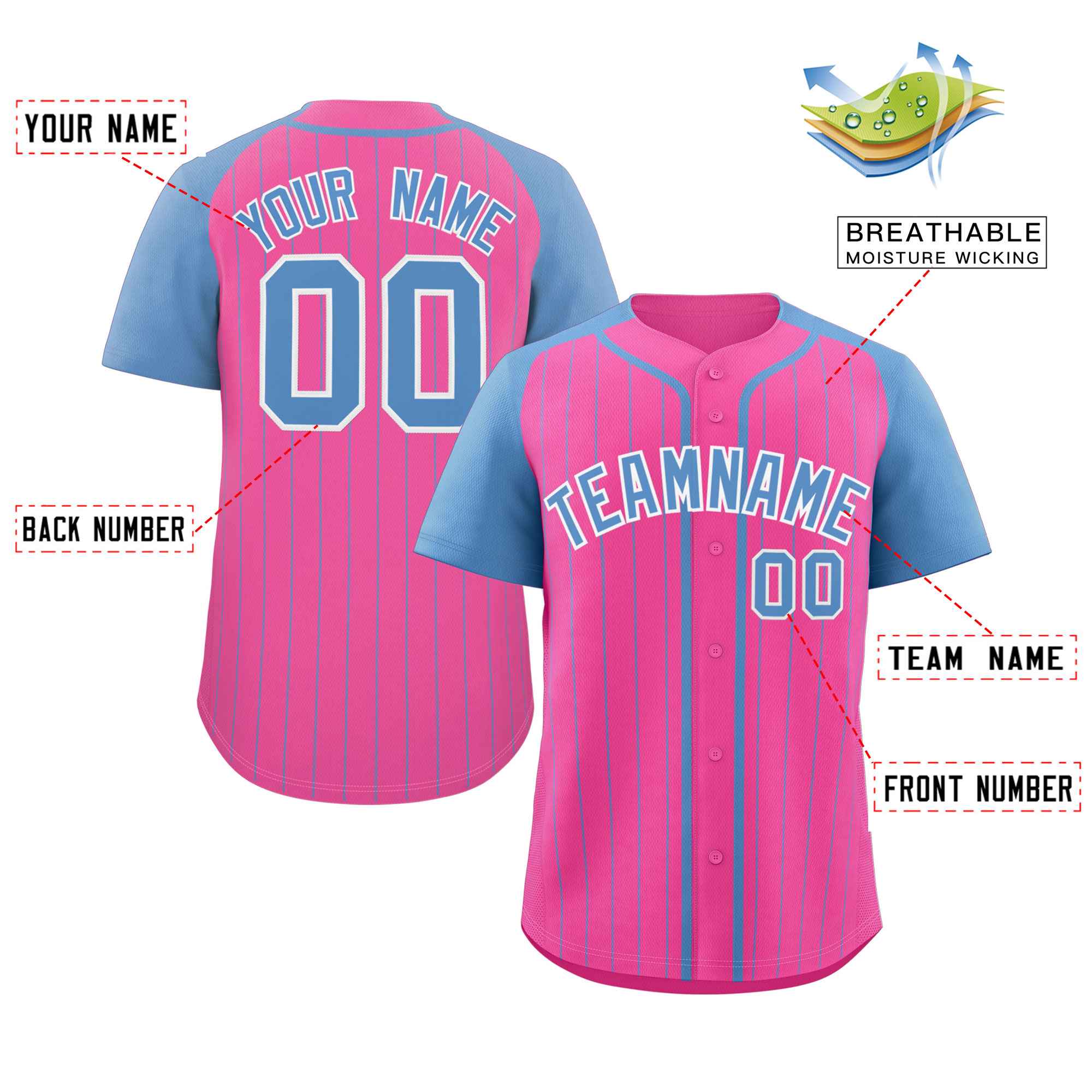 Custom Pink Light Blue-White Stripe Fashion Raglan Sleeves Authentic Baseball Jersey