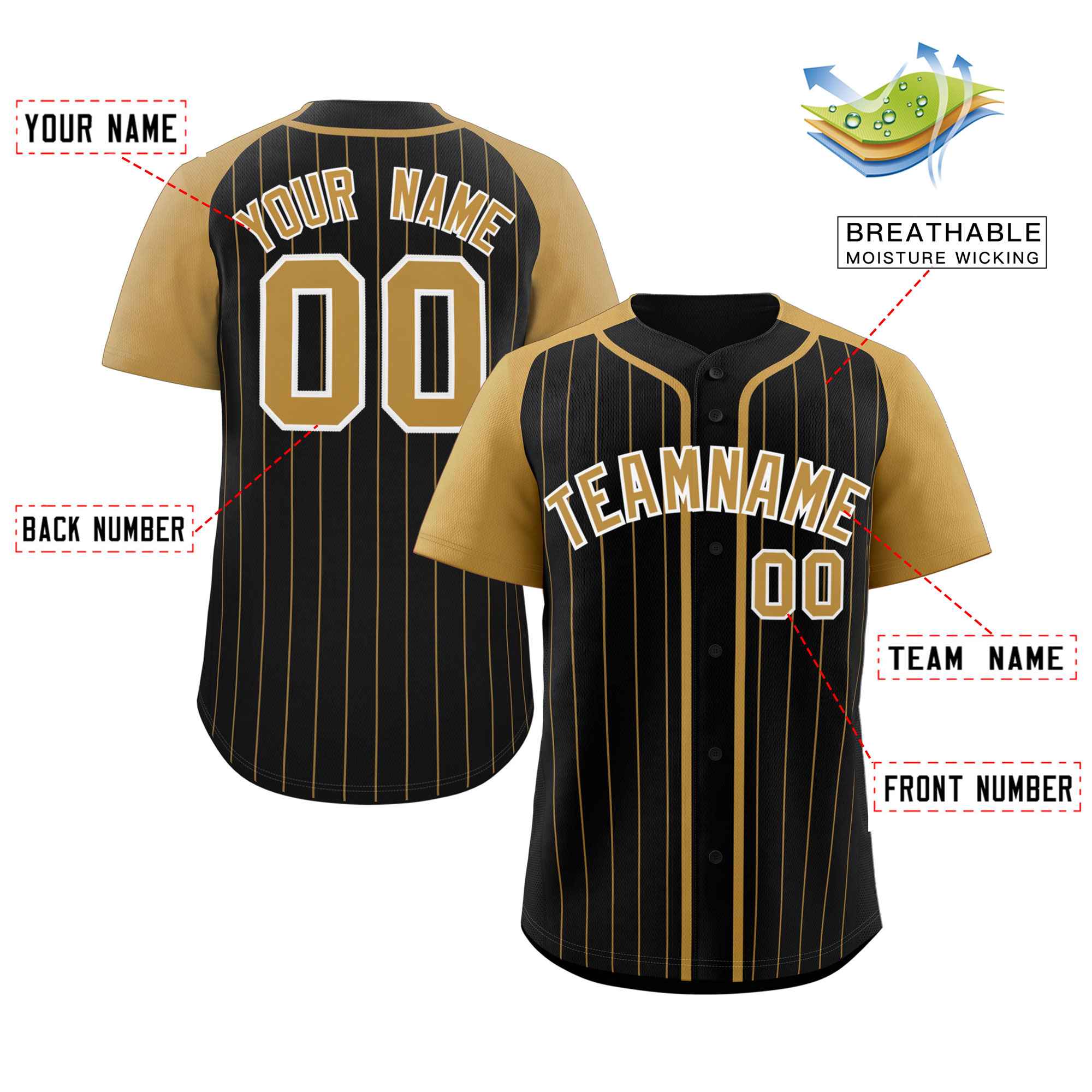 Custom Black Old Gold-White Stripe Fashion Raglan Sleeves Authentic Baseball Jersey