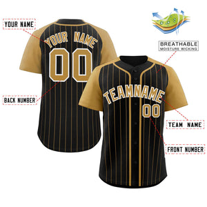 Custom Black Old Gold-White Stripe Fashion Raglan Sleeves Authentic Baseball Jersey