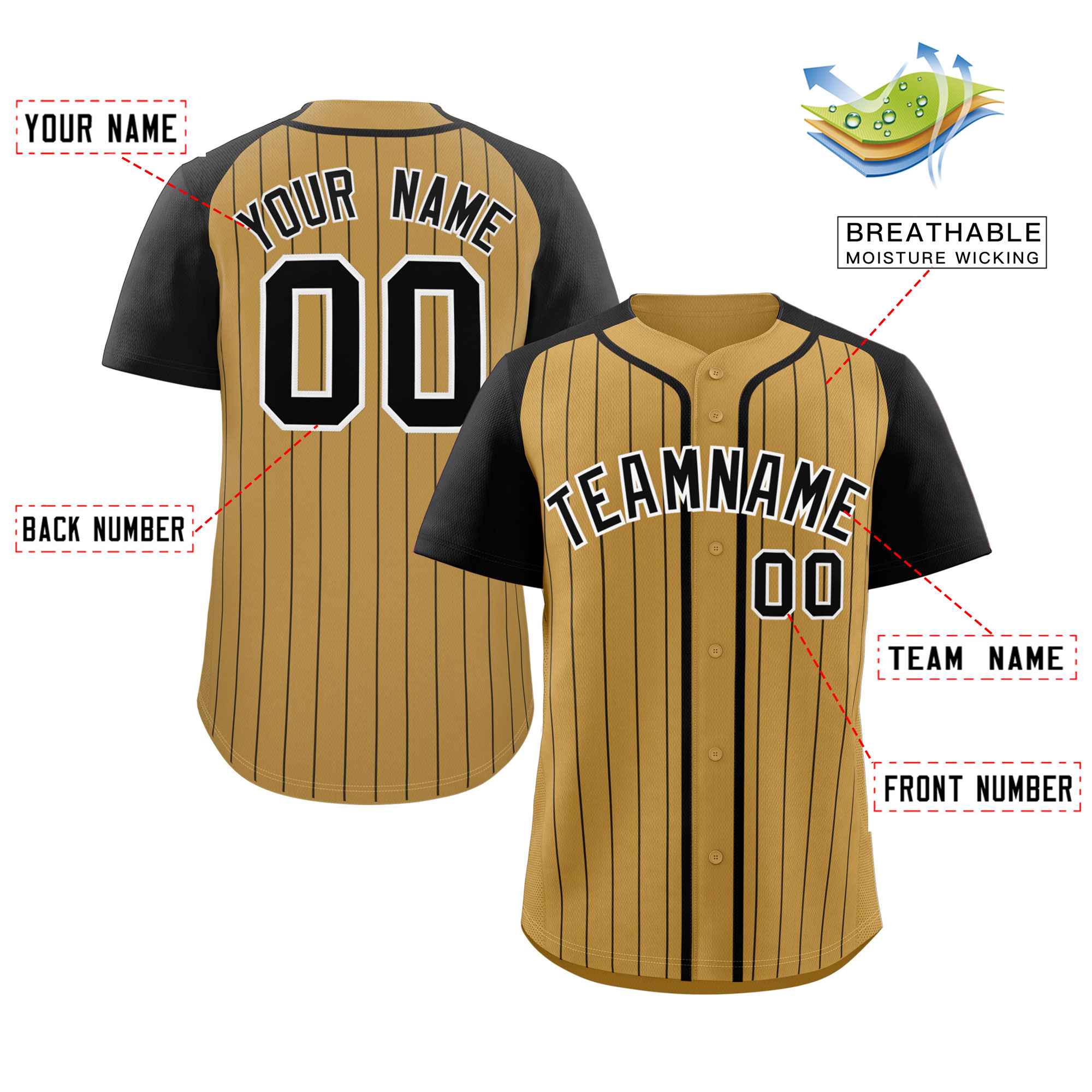 Custom Old Gold Black-White Stripe Fashion Raglan Sleeves Authentic Baseball Jersey