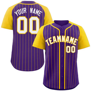 Custom Purple White-Gold Stripe Fashion Raglan Sleeves Authentic Baseball Jersey