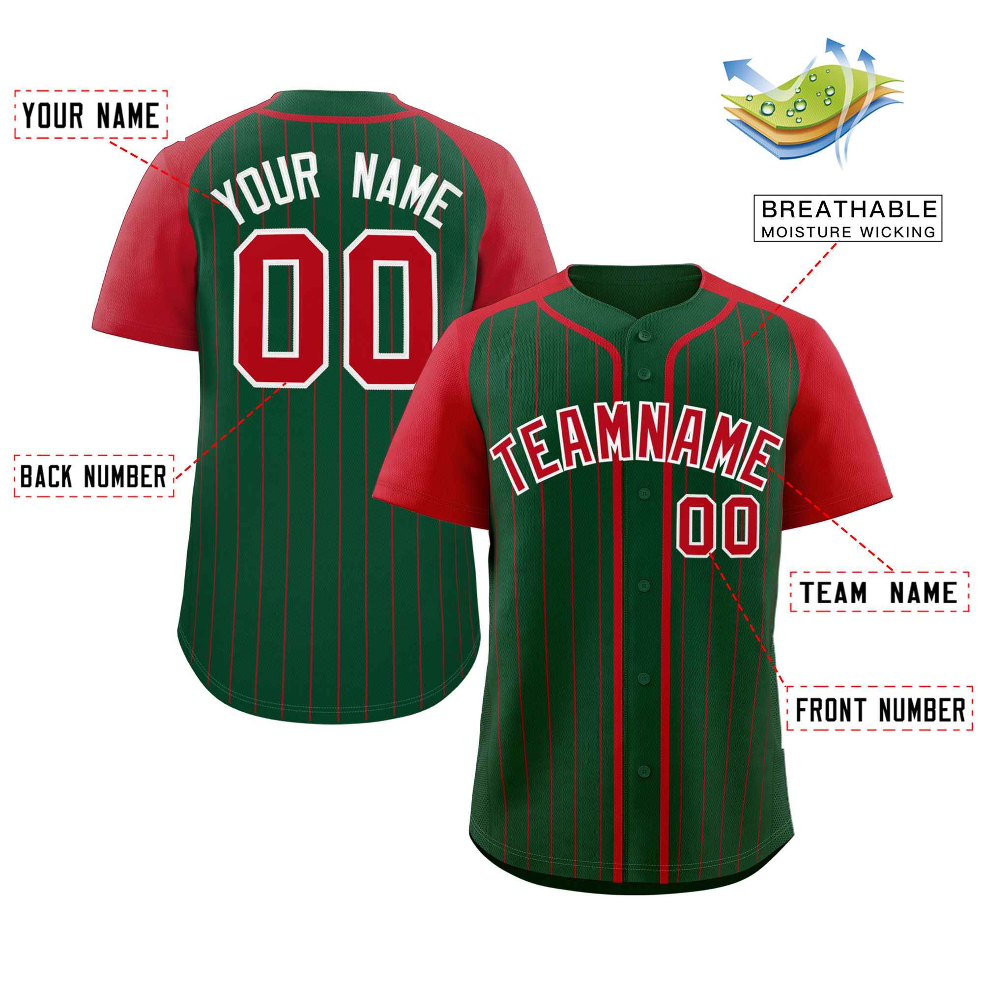 Custom Green Red-White Stripe Fashion Raglan Sleeves Authentic Baseball Jersey