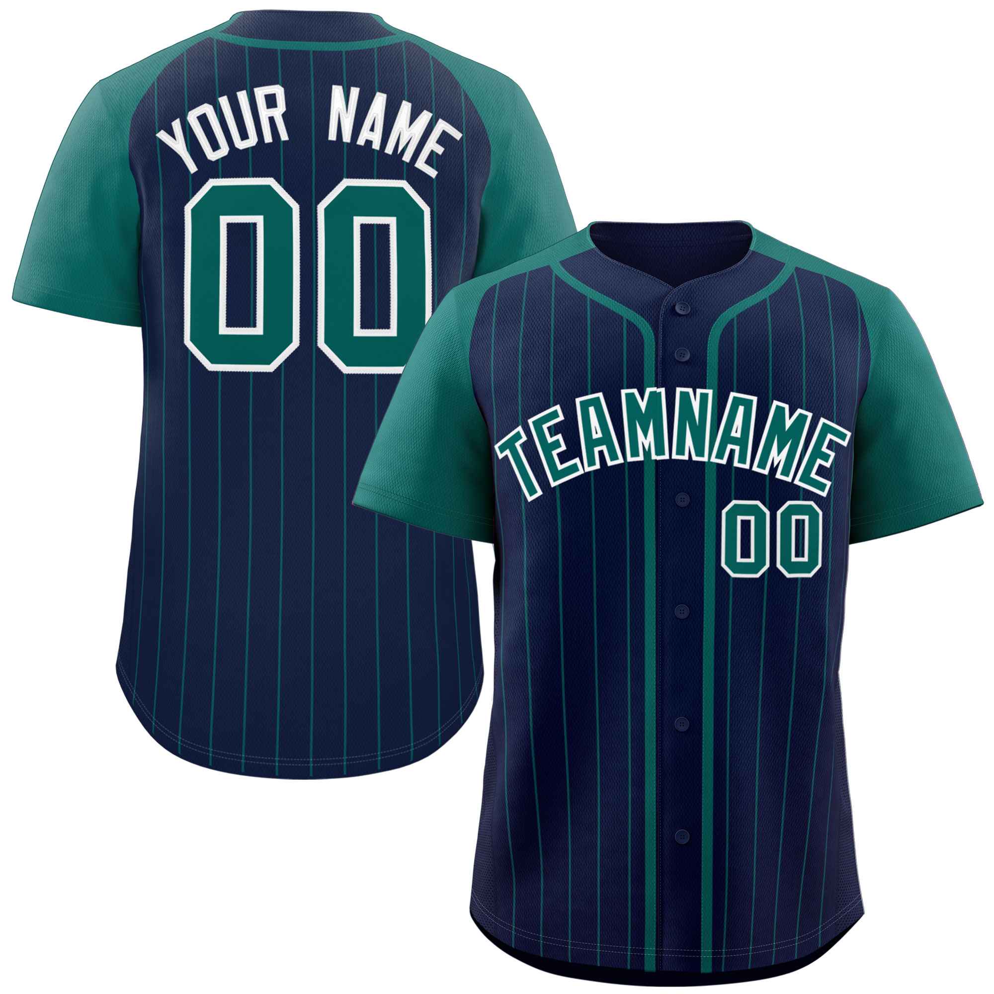 Custom Navy Aqua-White Stripe Fashion Raglan Sleeves Authentic Baseball Jersey