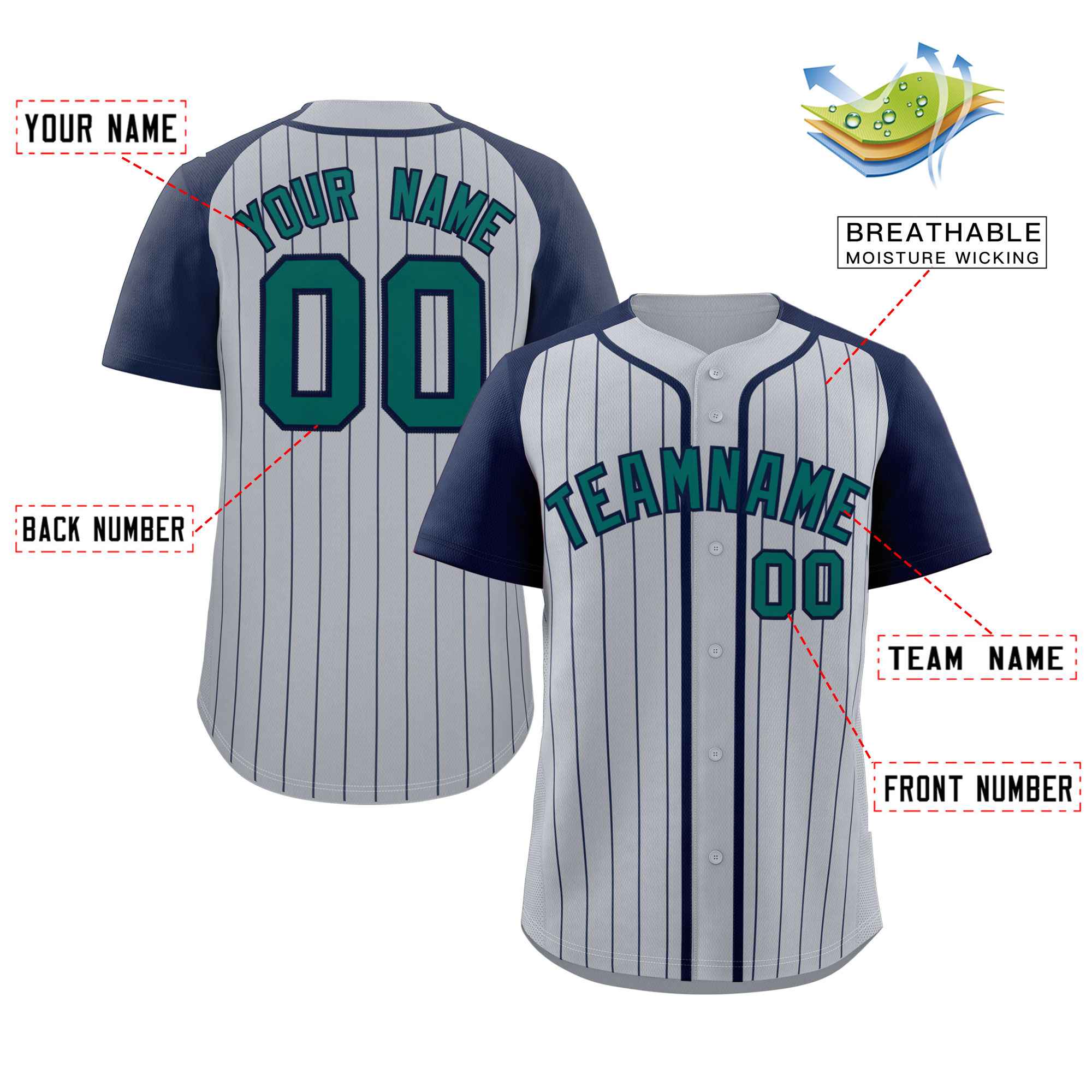 Custom Gray Aqua-Navy Stripe Fashion Raglan Sleeves Authentic Baseball Jersey