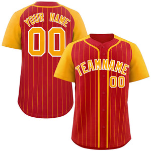 Custom Red Yellow-White Stripe Fashion Raglan Sleeves Authentic Baseball Jersey