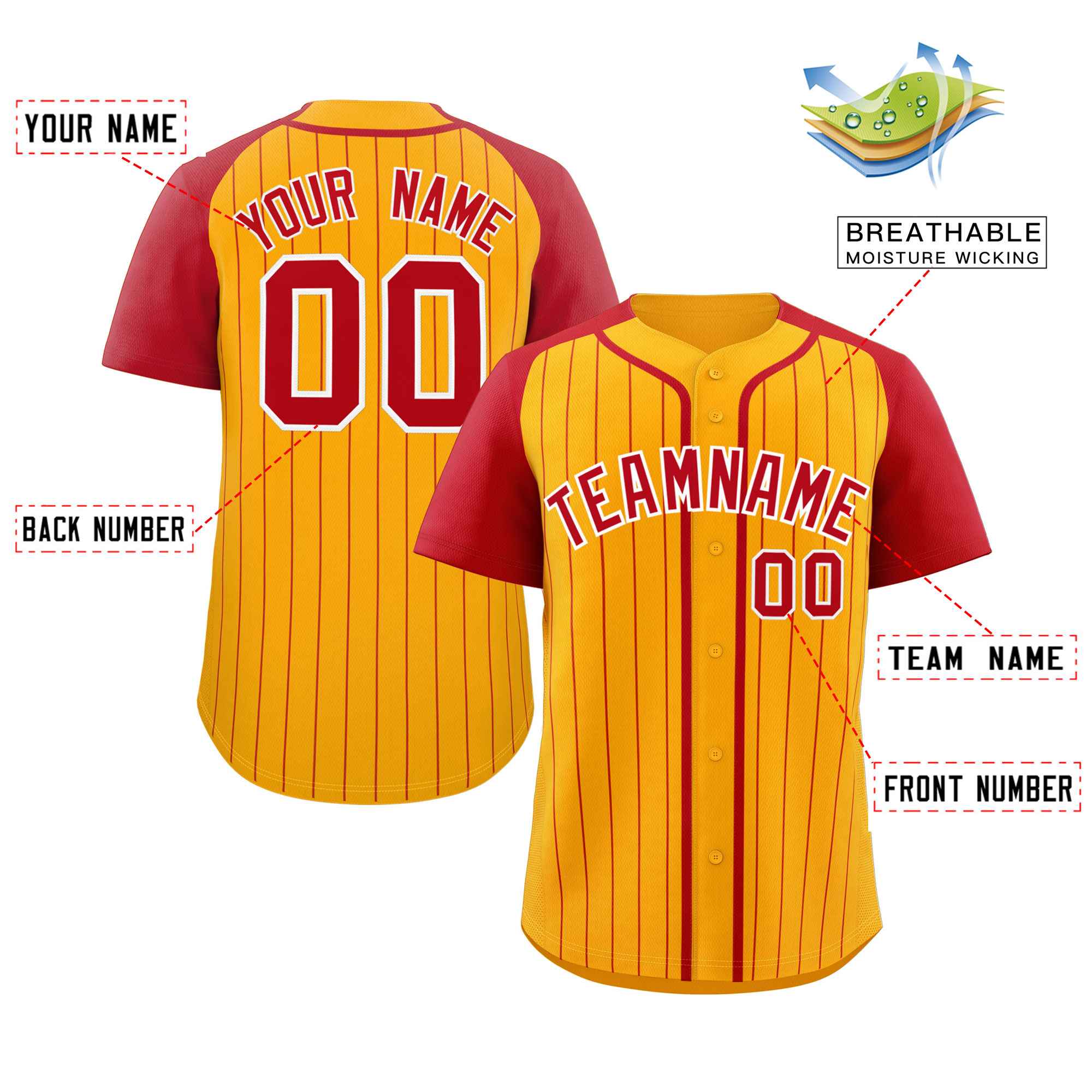 Custom Yellow Red-White Stripe Fashion Raglan Sleeves Authentic Baseball Jersey