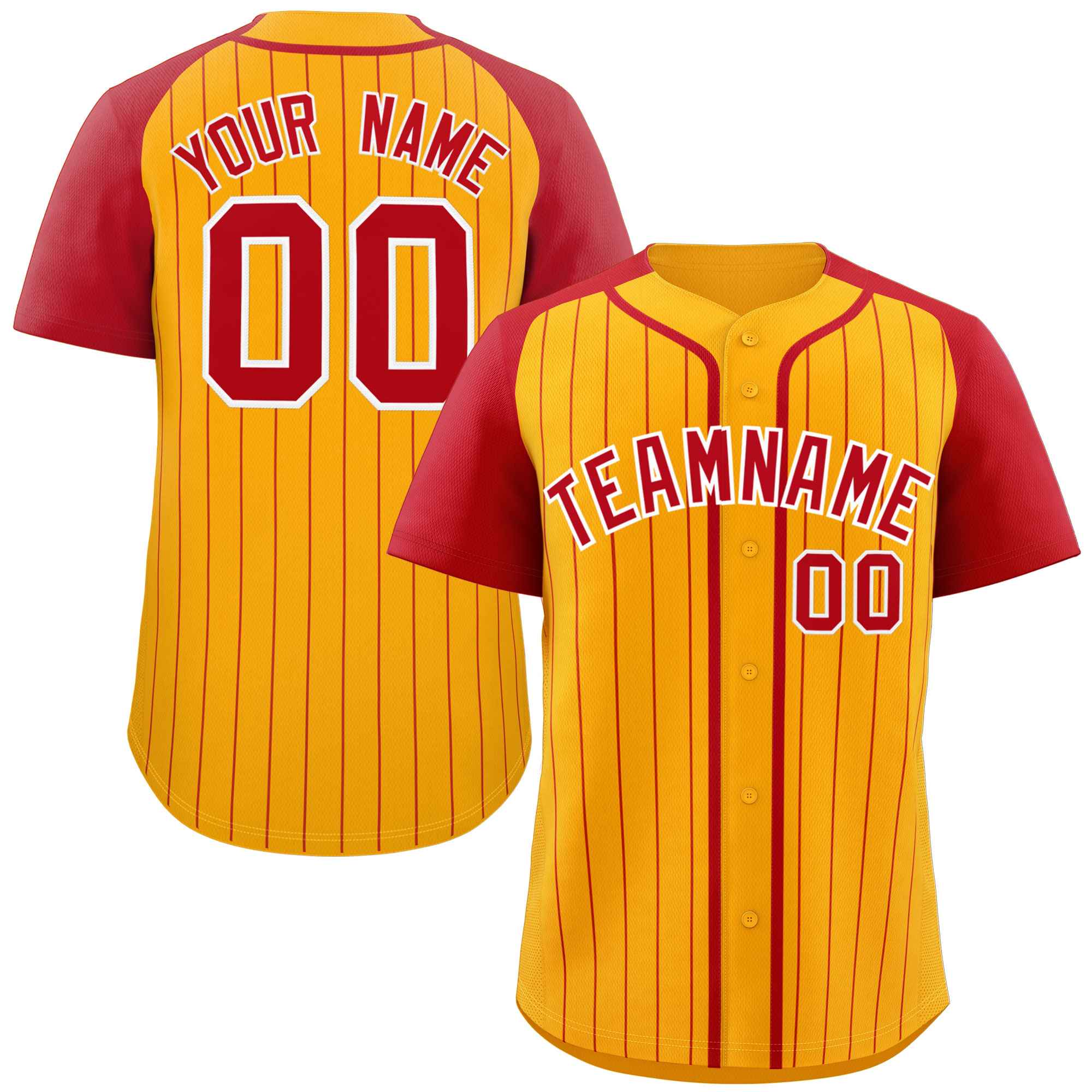 Custom Yellow Red-White Stripe Fashion Raglan Sleeves Authentic Baseball Jersey