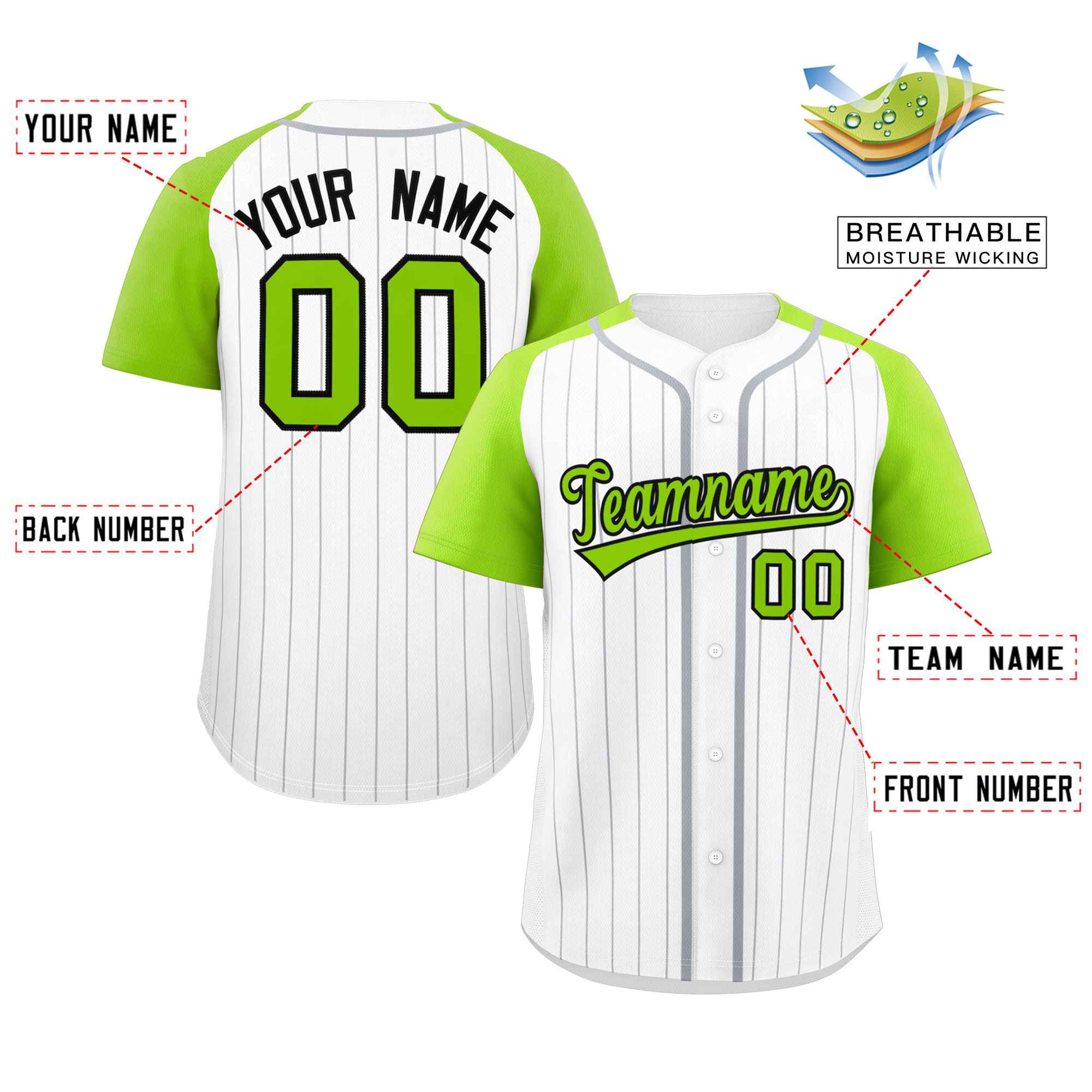 Custom White Neon Green-Black Stripe Fashion Raglan Sleeves Authentic Baseball Jersey