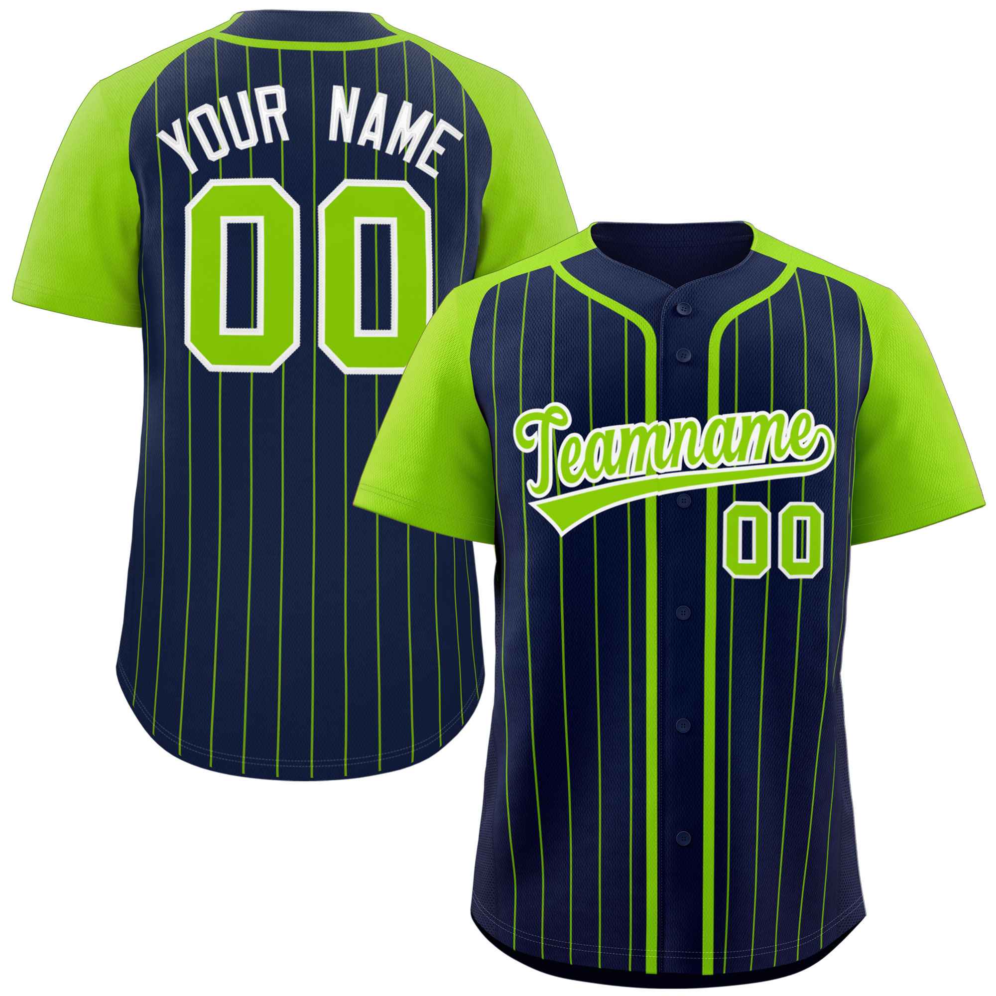 Custom Navy Neon Green-White Stripe Fashion Raglan Sleeves Authentic Baseball Jersey