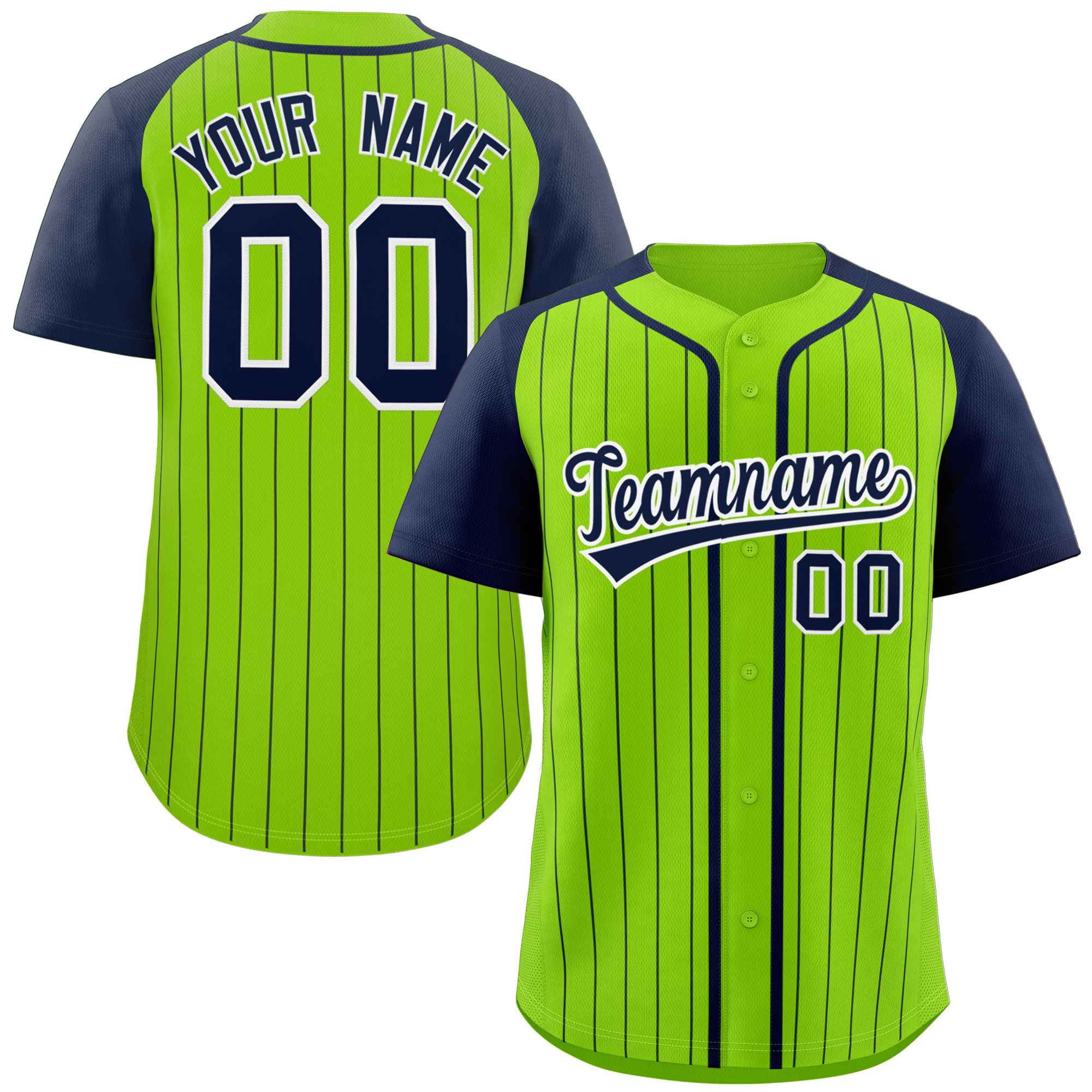 Custom Neon Green Navy-White Stripe Fashion Raglan Sleeves Authentic Baseball Jersey