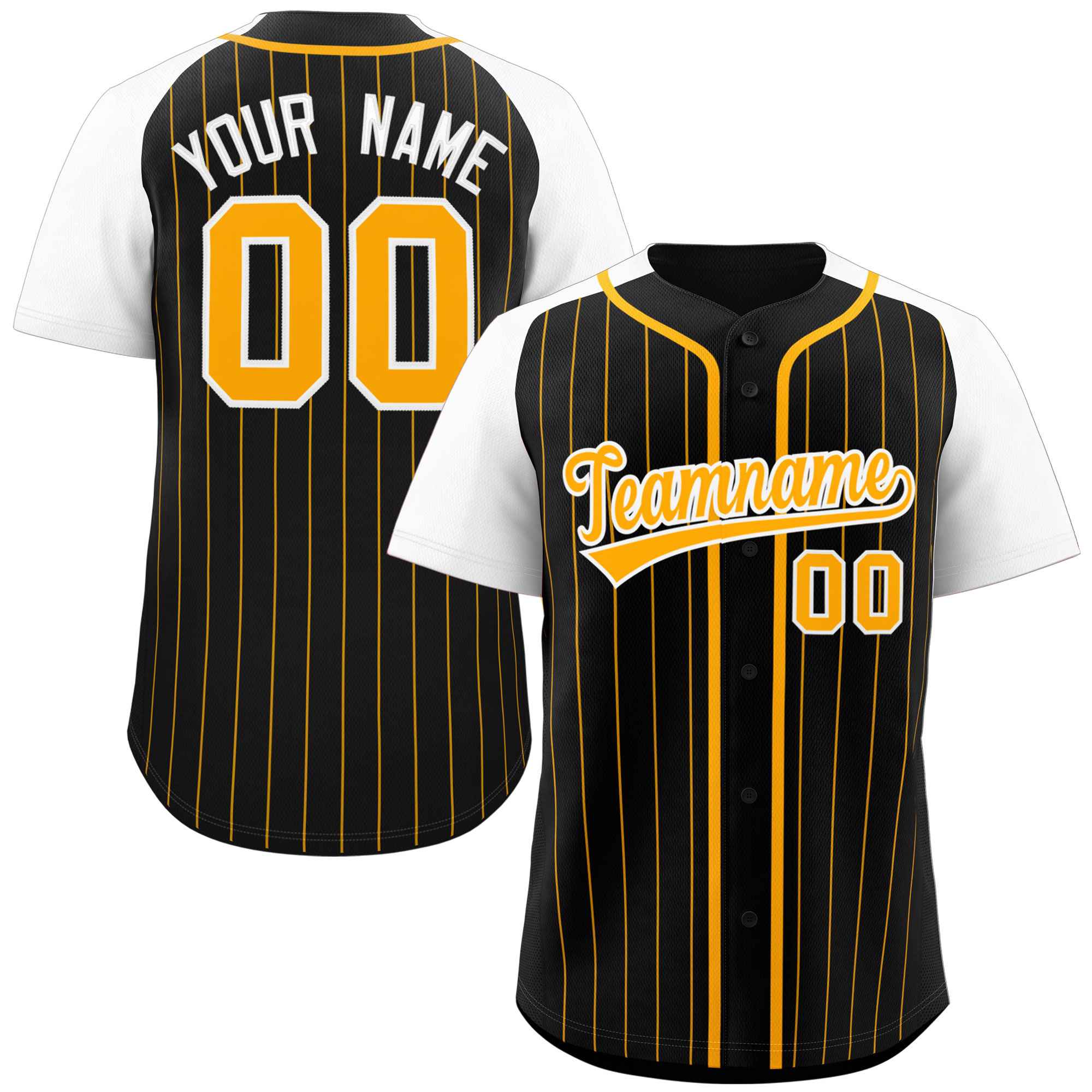 Custom Black Yellow-White Stripe Fashion Raglan Sleeves Authentic Baseball Jersey