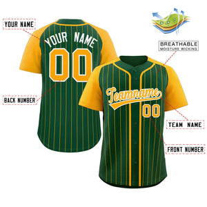 Custom Green Yellow-White Stripe Fashion Raglan Sleeves Authentic Baseball Jersey