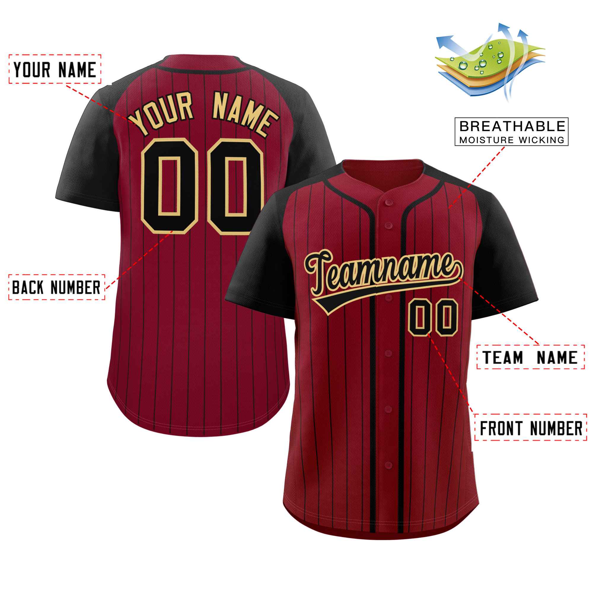 Custom Crimson Black-Khaki Stripe Fashion Raglan Sleeves Authentic Baseball Jersey