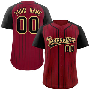 Custom Crimson Black-Khaki Stripe Fashion Raglan Sleeves Authentic Baseball Jersey