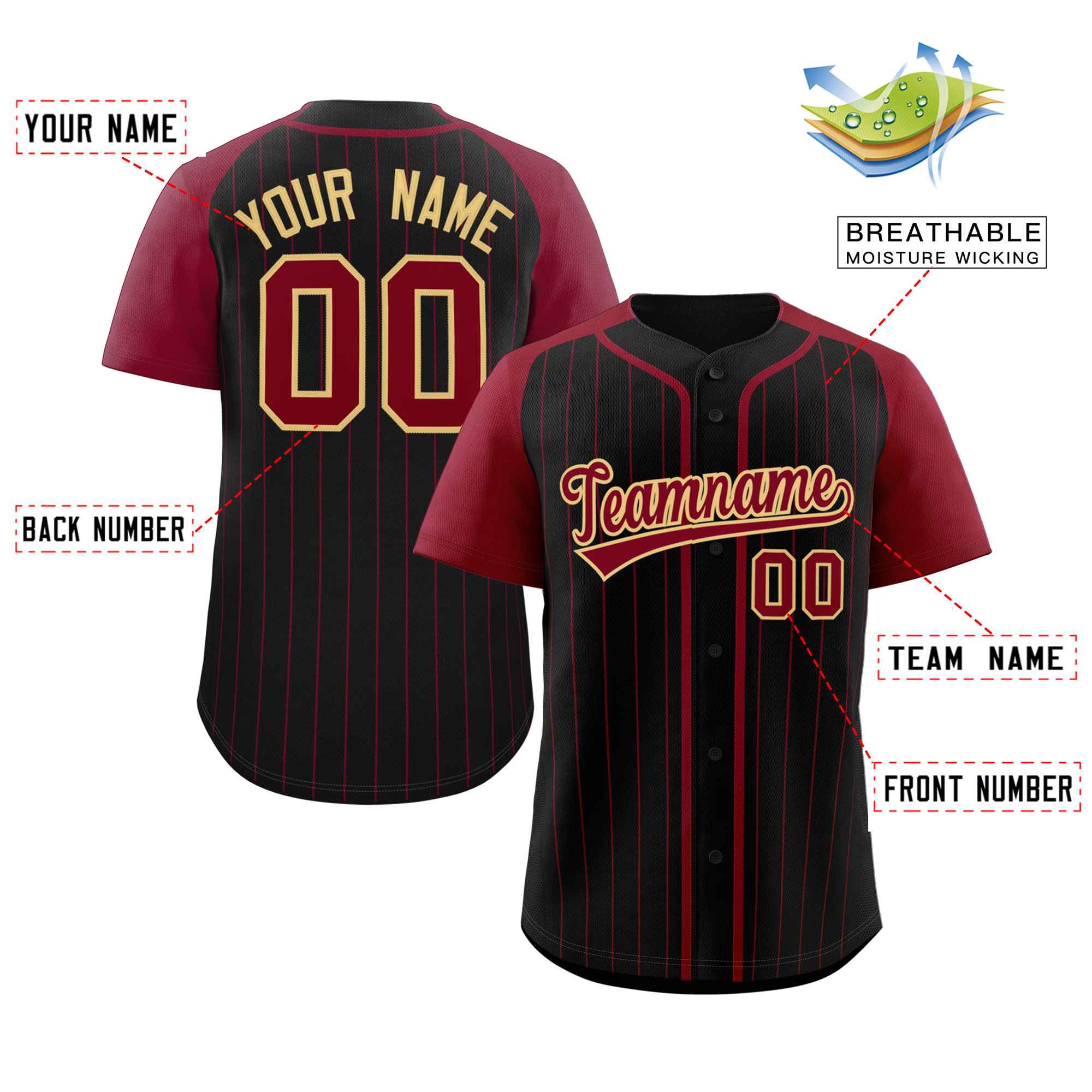 Custom Black Crimson-Khaki Stripe Fashion Raglan Sleeves Authentic Baseball Jersey