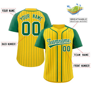 Custom Gold Kelly-Green White Stripe Fashion Raglan Sleeves Authentic Baseball Jersey