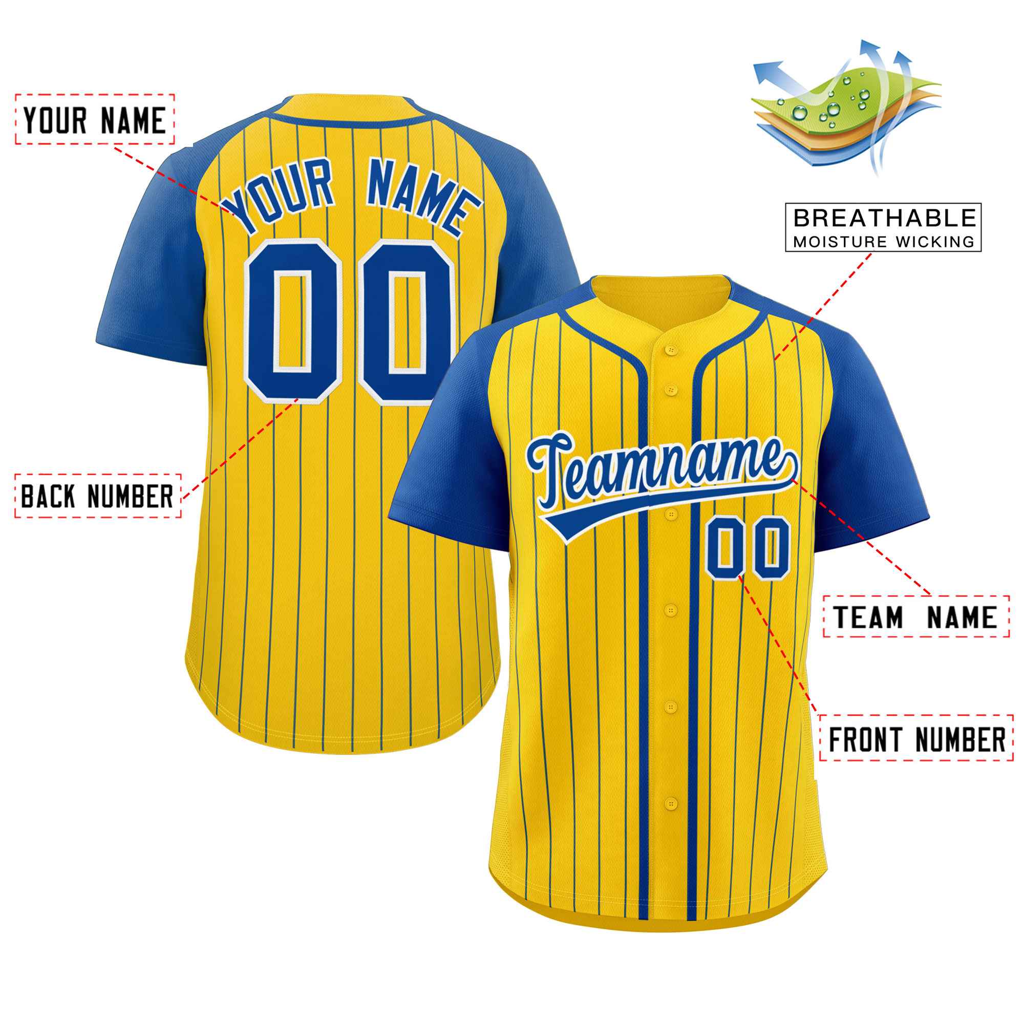 Custom Gold Royal-White Stripe Fashion Raglan Sleeves Authentic Baseball Jersey