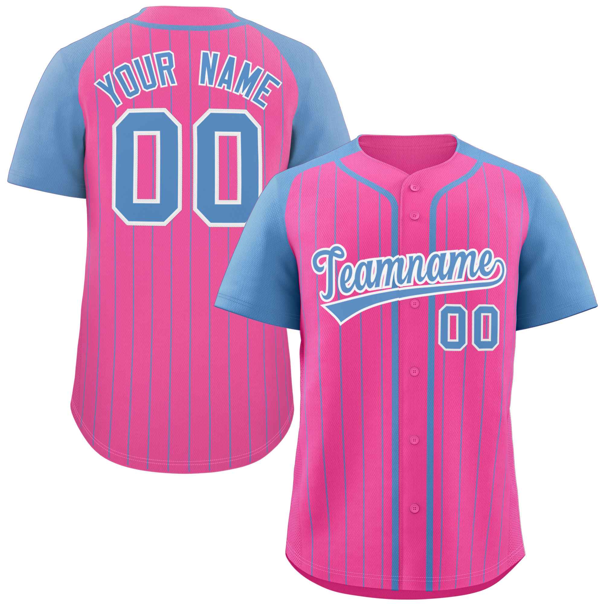 Custom Pink Light Blue-White Stripe Fashion Raglan Sleeves Authentic Baseball Jersey