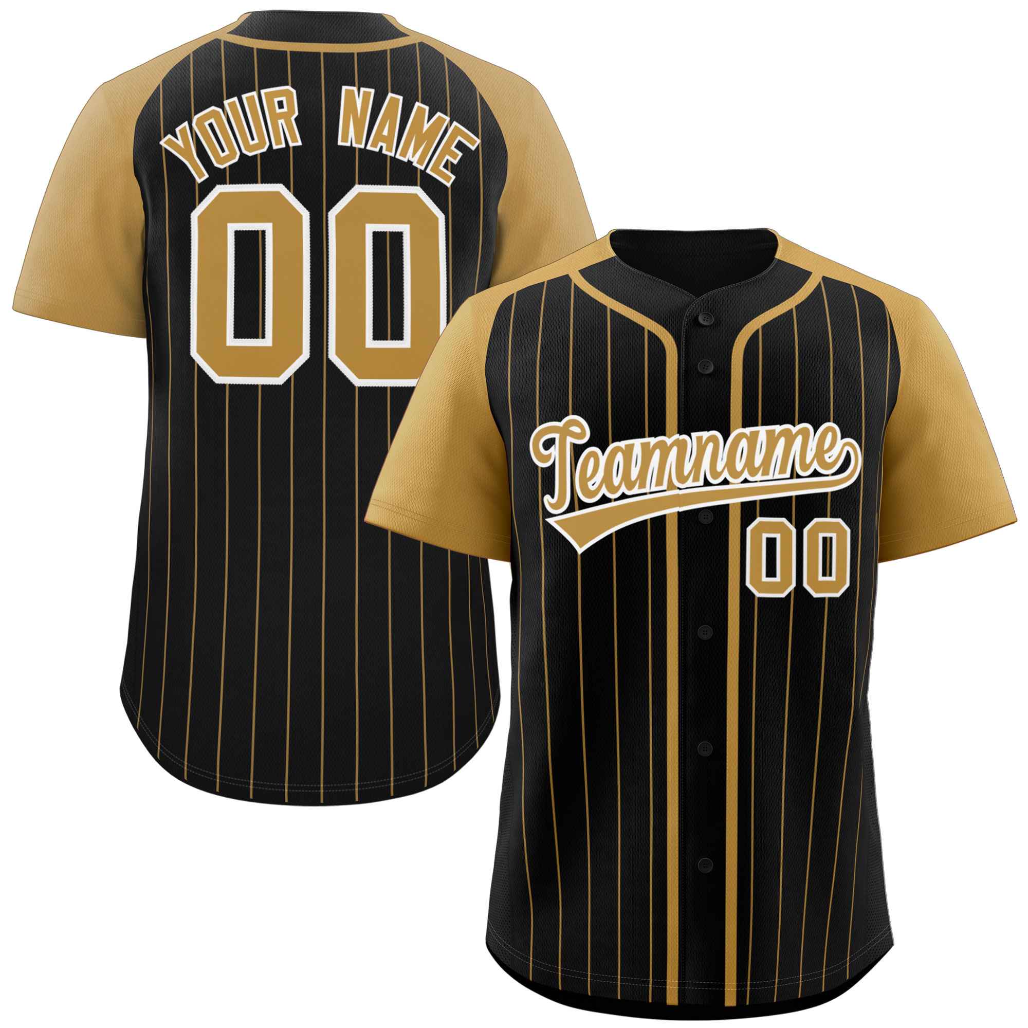 Custom Black Old Gold-White Stripe Fashion Raglan Sleeves Authentic Baseball Jersey