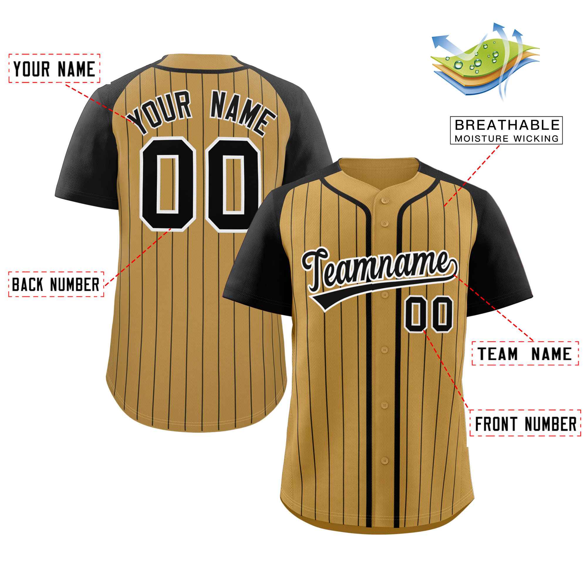 Custom Old Gold Black-White Stripe Fashion Raglan Sleeves Authentic Baseball Jersey