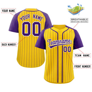 Custom Gold Purple-White Stripe Fashion Raglan Sleeves Authentic Baseball Jersey