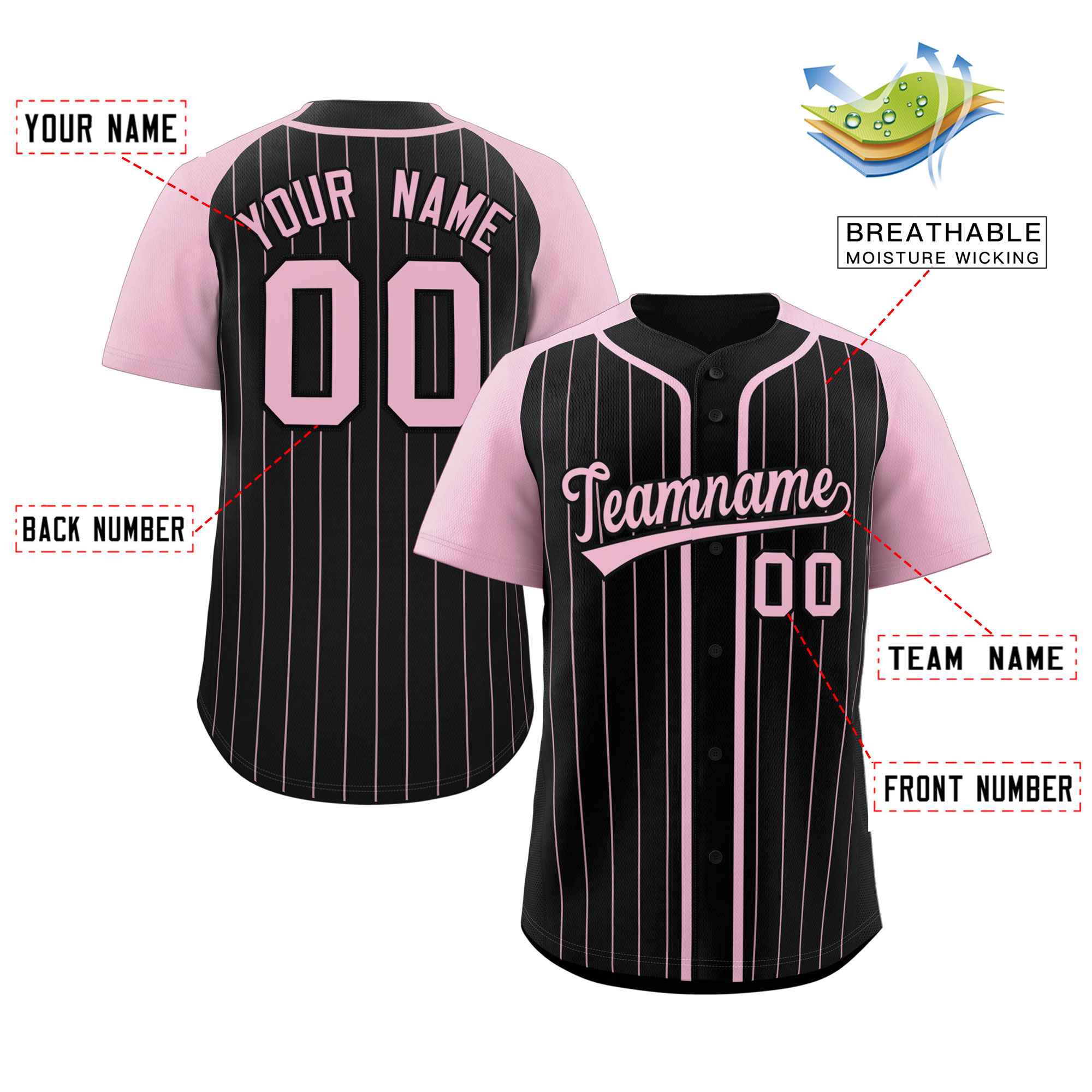 Custom Black Pink Stripe Fashion Raglan Sleeves Authentic Baseball Jersey