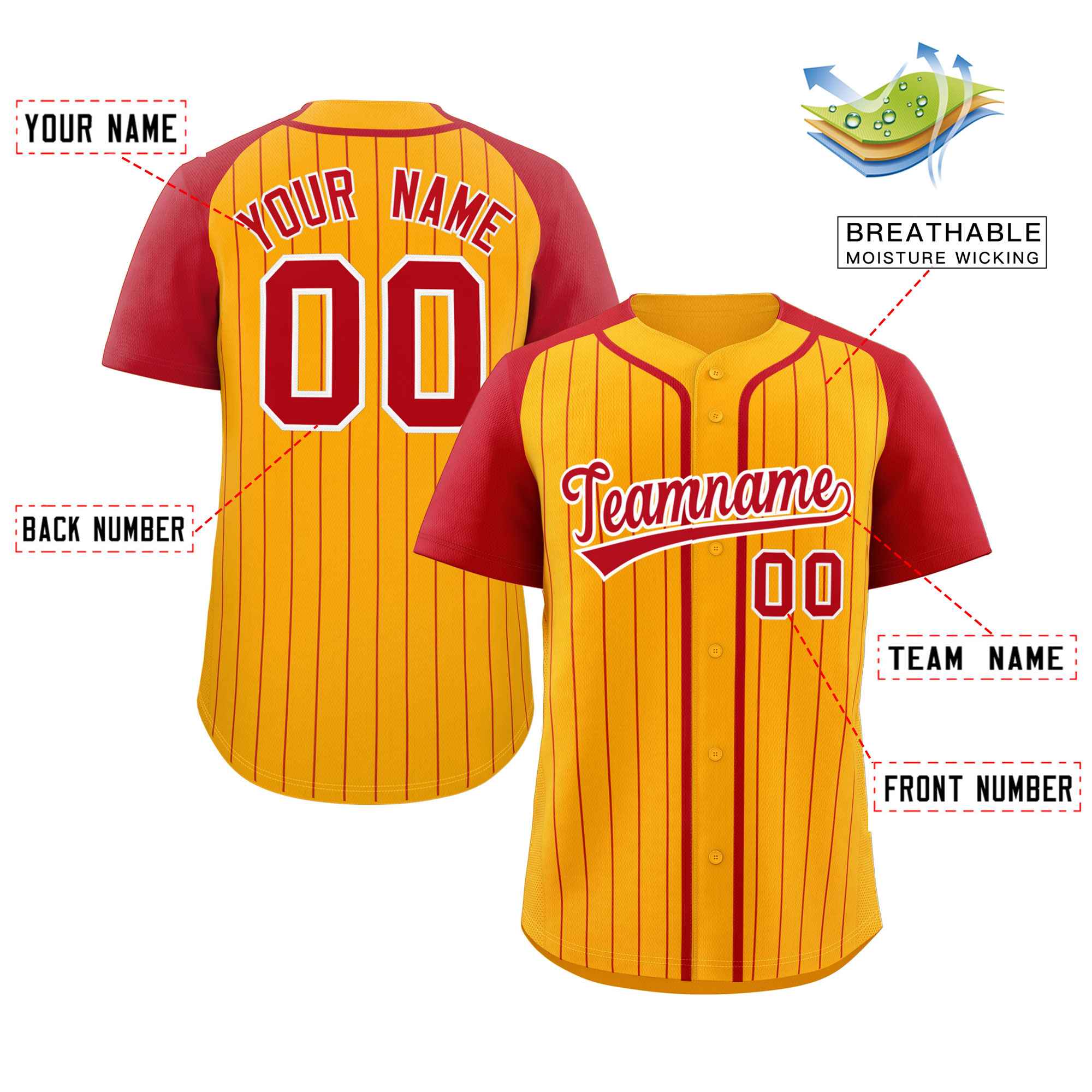 Custom Yellow Red-White Stripe Fashion Raglan Sleeves Authentic Baseball Jersey