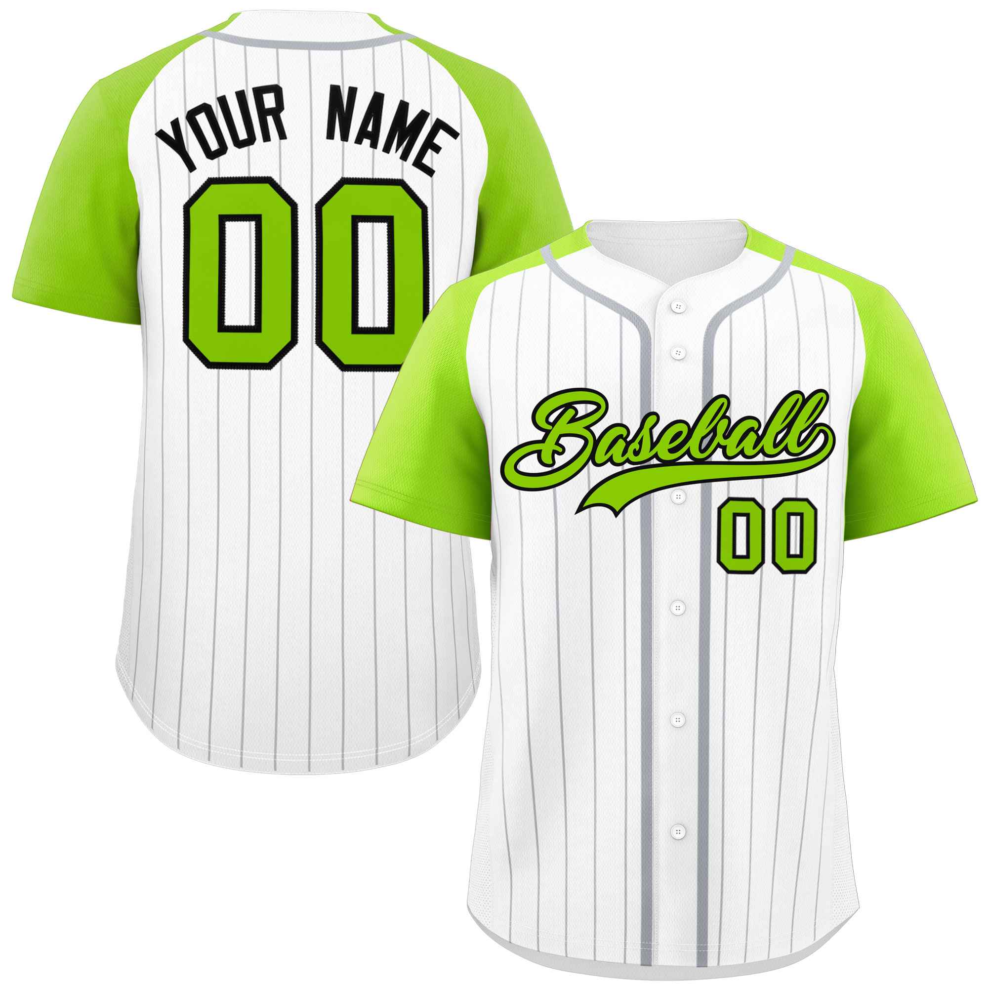 Custom White Neon Green-Black Stripe Fashion Raglan Sleeves Authentic Baseball Jersey