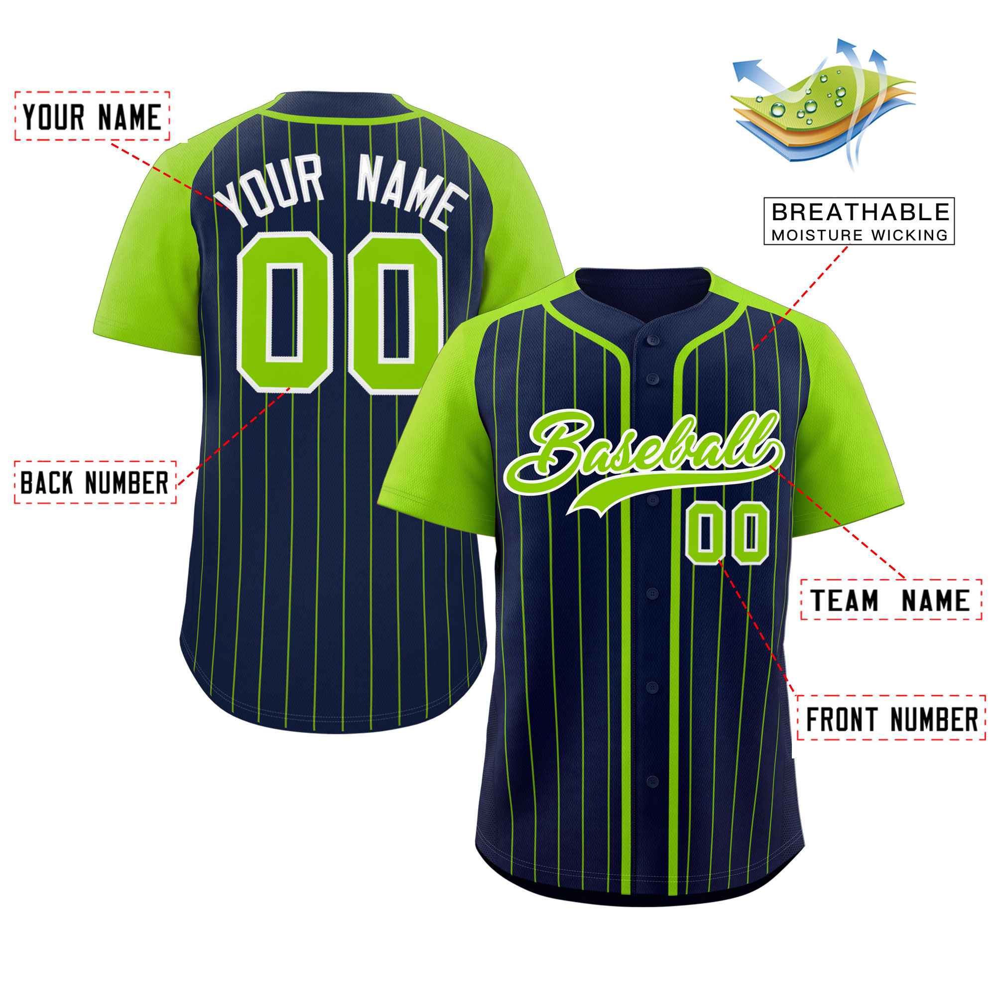 Custom Navy Neon Green-White Stripe Fashion Raglan Sleeves Authentic Baseball Jersey