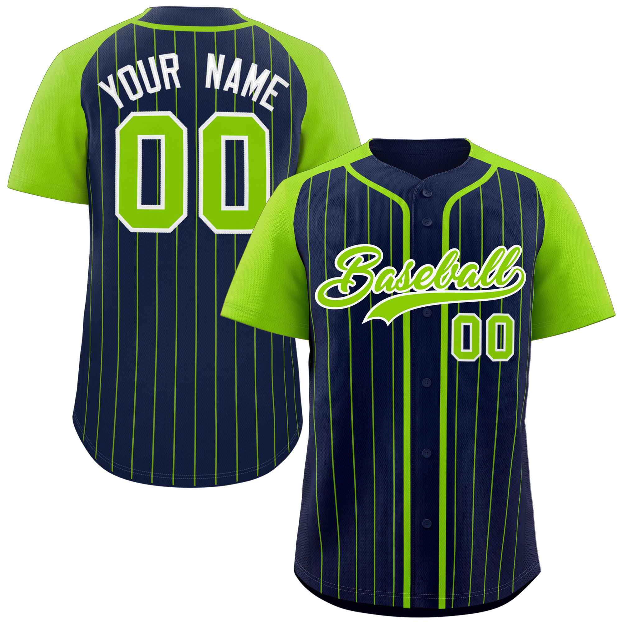 Custom Navy Neon Green-White Stripe Fashion Raglan Sleeves Authentic Baseball Jersey