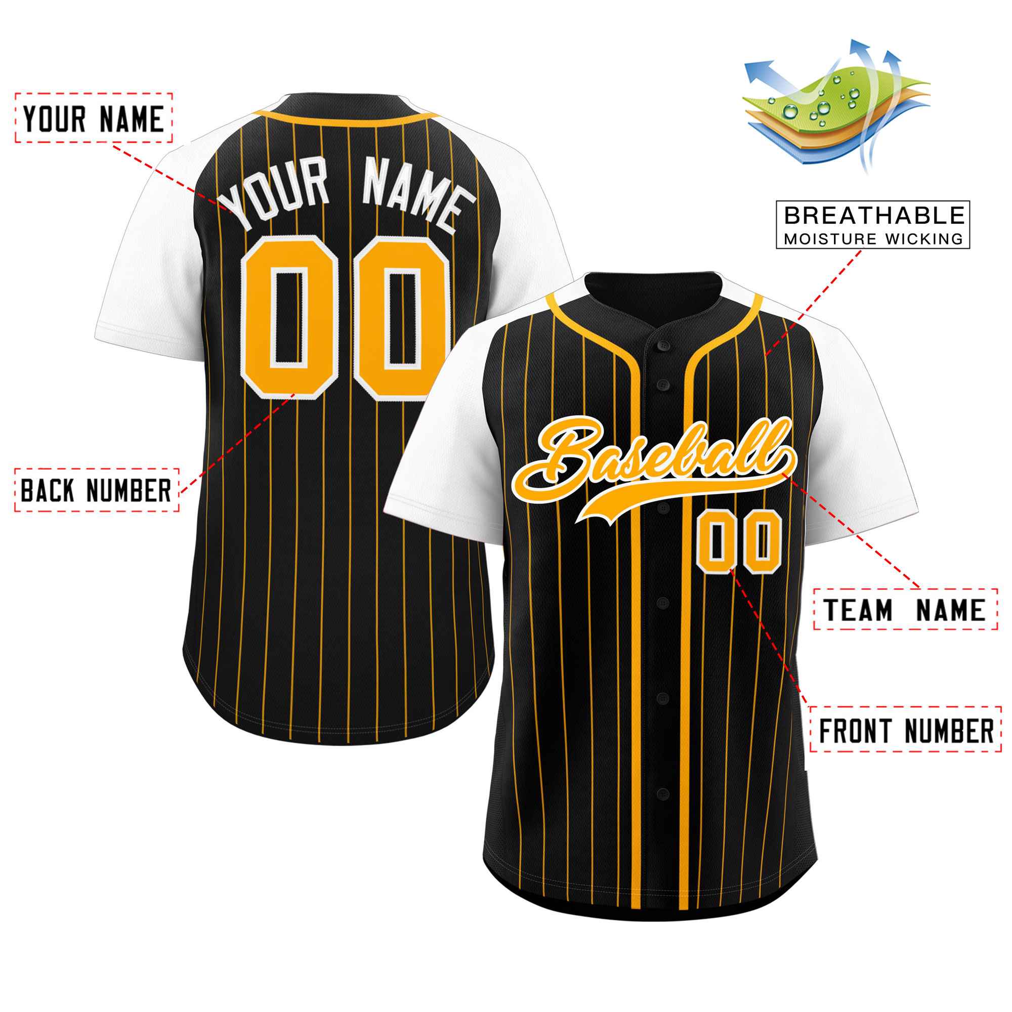 Custom Black Yellow-White Stripe Fashion Raglan Sleeves Authentic Baseball Jersey