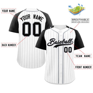 Custom White Black-Gray Stripe Fashion Raglan Sleeves Authentic Baseball Jersey