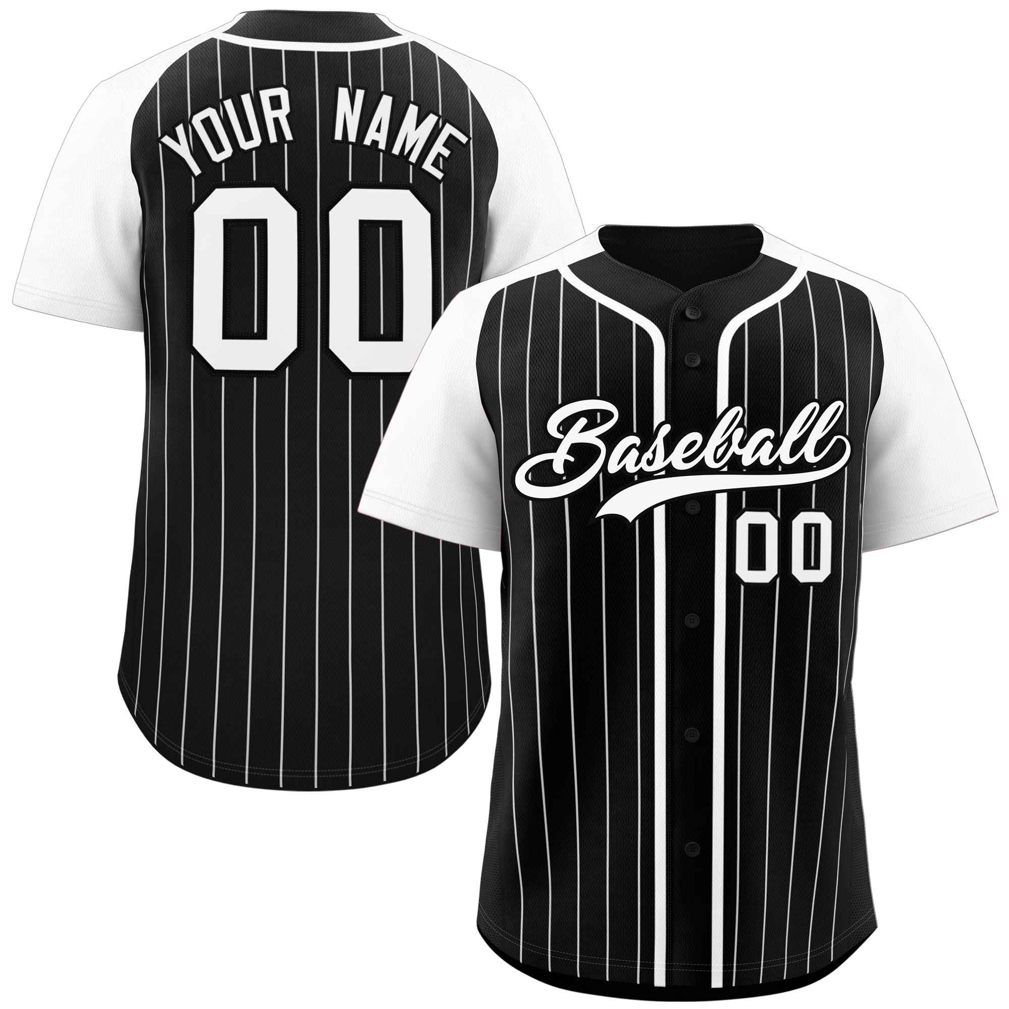 Custom Black White Stripe Fashion Raglan Sleeves Authentic Baseball Jersey