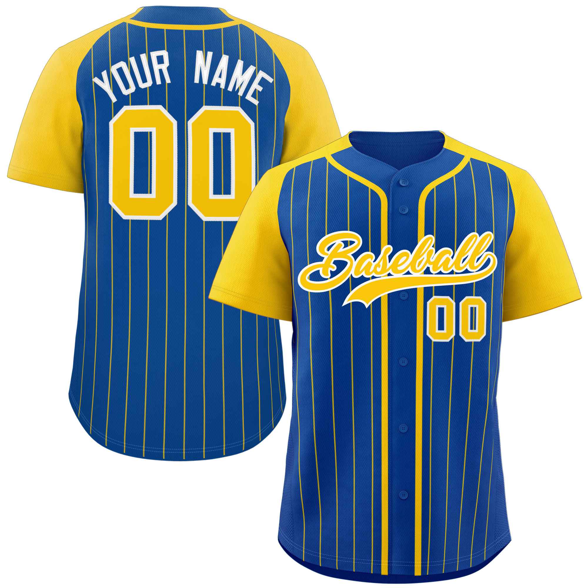 Custom Royal Gold-White Stripe Fashion Raglan Sleeves Authentic Baseball Jersey