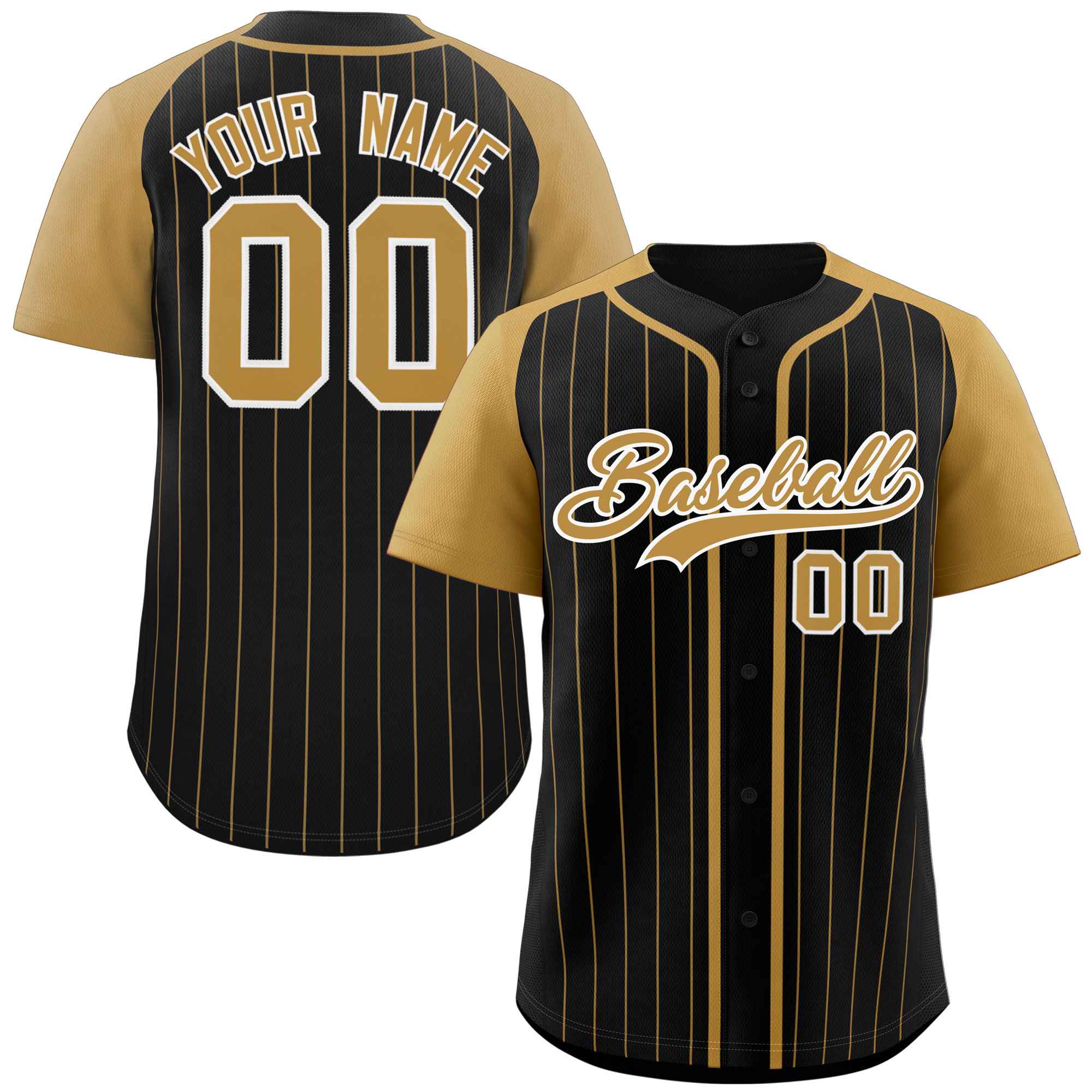 Custom Black Old Gold-White Stripe Fashion Raglan Sleeves Authentic Baseball Jersey