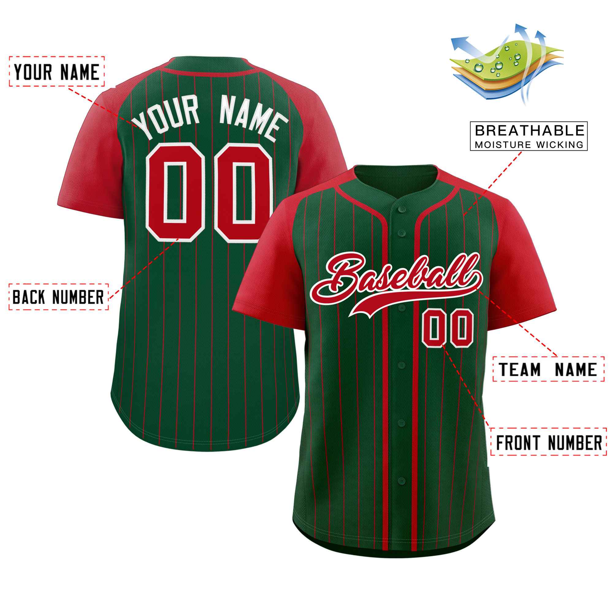 Custom Green Red-White Stripe Fashion Raglan Sleeves Authentic Baseball Jersey