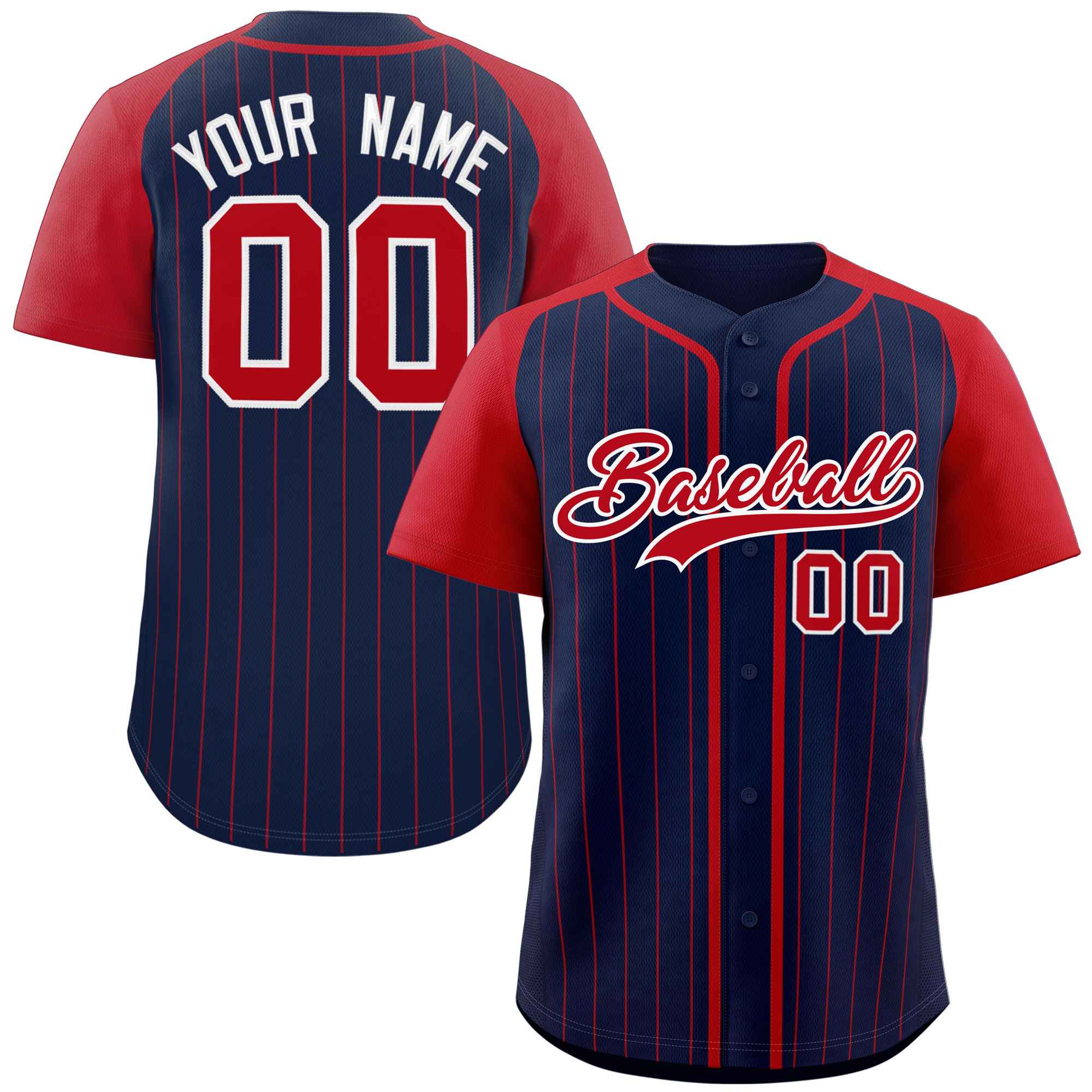 Custom Navy Red-White Stripe Fashion Raglan Sleeves Authentic Baseball Jersey