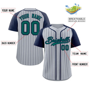 Custom Gray Aqua-Navy Stripe Fashion Raglan Sleeves Authentic Baseball Jersey