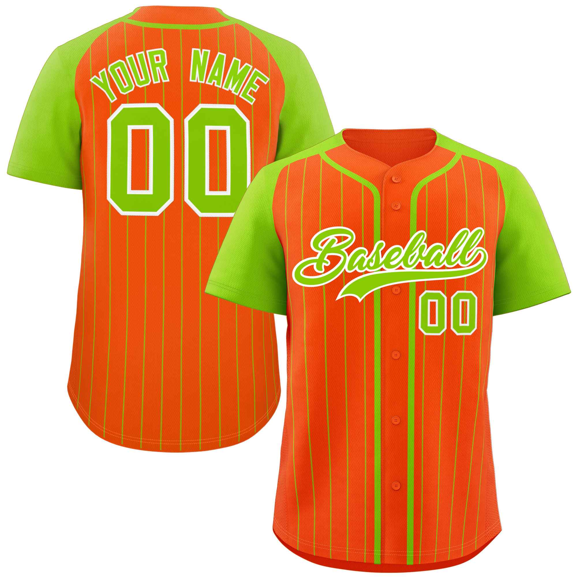 Custom Orange Neon Green-White Stripe Fashion Raglan Sleeves Authentic Baseball Jersey