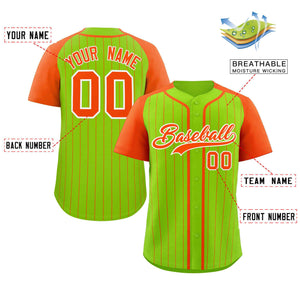 Custom Neon Green Orange-White Stripe Fashion Raglan Sleeves Authentic Baseball Jersey