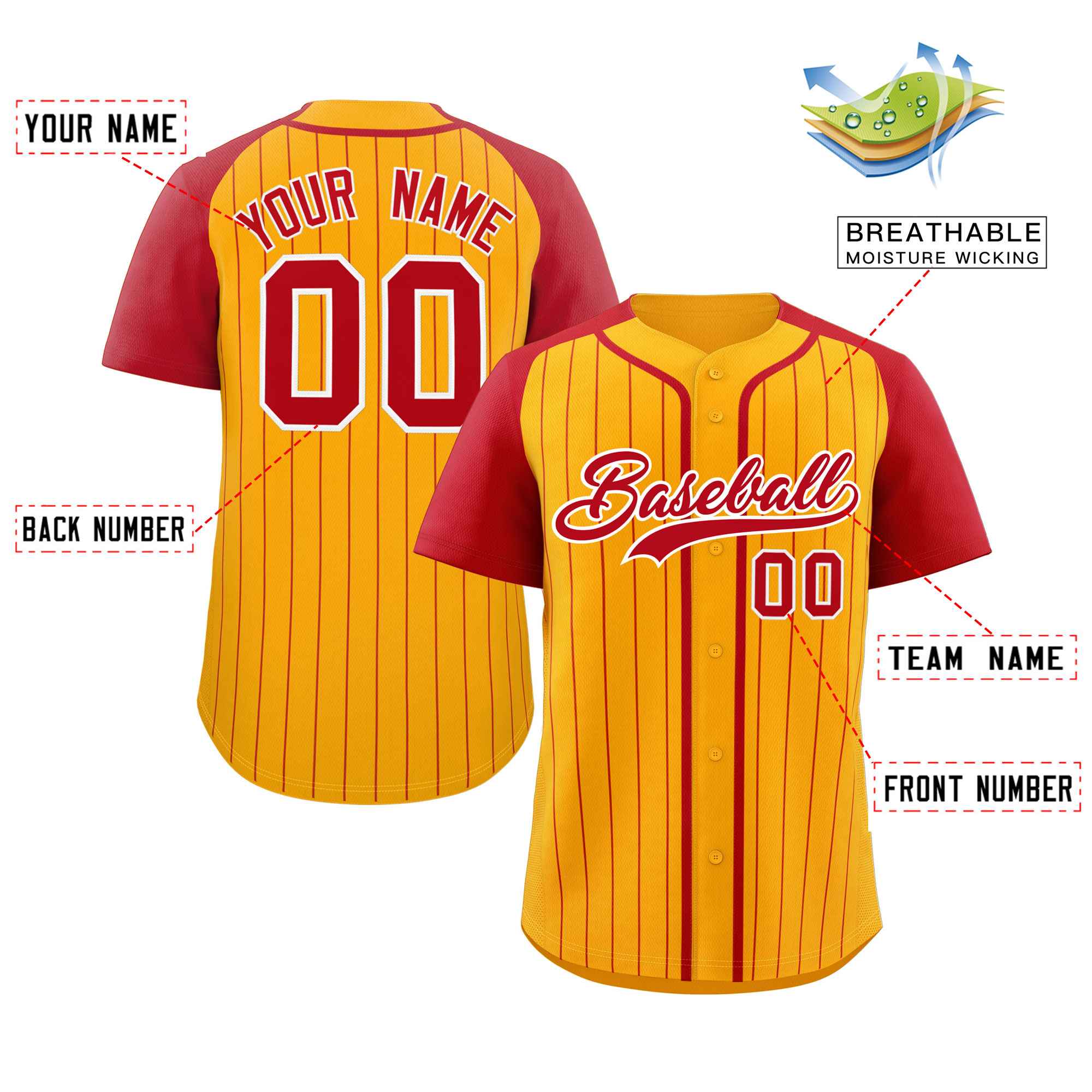 Custom Yellow Red-White Stripe Fashion Raglan Sleeves Authentic Baseball Jersey