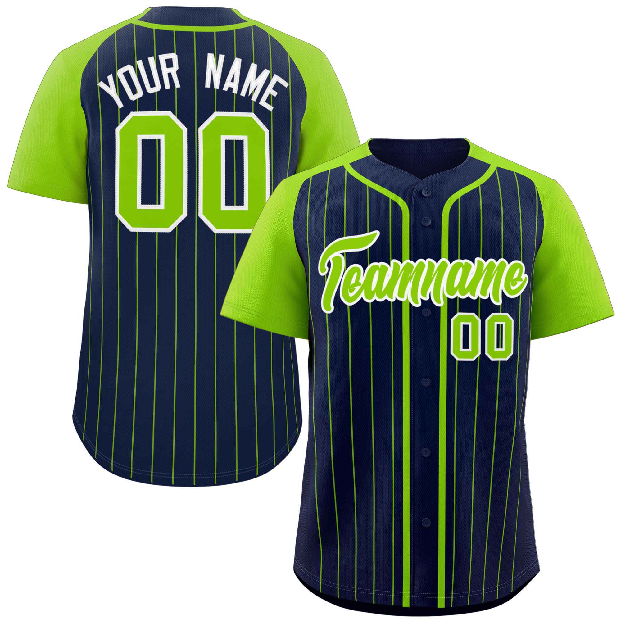 Custom Navy Neon Green-White Stripe Fashion Raglan Sleeves Authentic Baseball Jersey