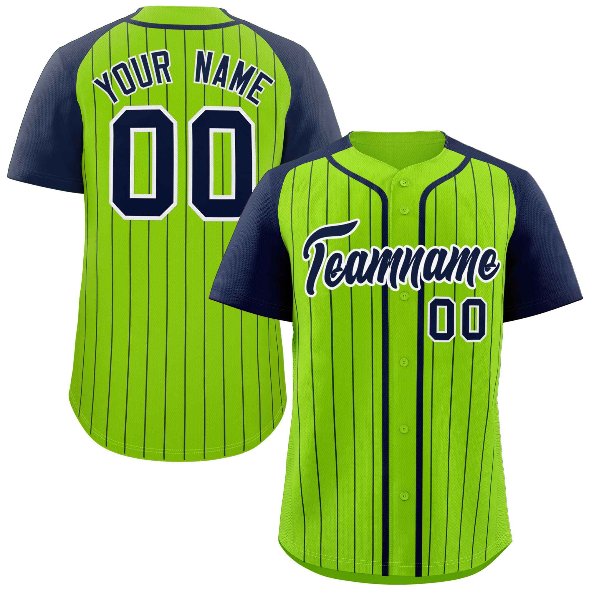 Custom Neon Green Navy-White Stripe Fashion Raglan Sleeves Authentic Baseball Jersey