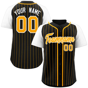 Custom Black Yellow-White Stripe Fashion Raglan Sleeves Authentic Baseball Jersey