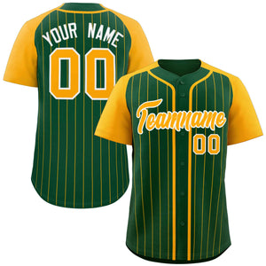 Custom Green Yellow-White Stripe Fashion Raglan Sleeves Authentic Baseball Jersey