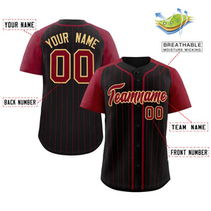 Custom Black Crimson-Khaki Stripe Fashion Raglan Sleeves Authentic Baseball Jersey