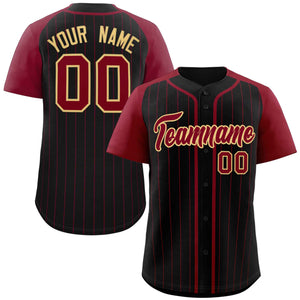 Custom Black Crimson-Khaki Stripe Fashion Raglan Sleeves Authentic Baseball Jersey