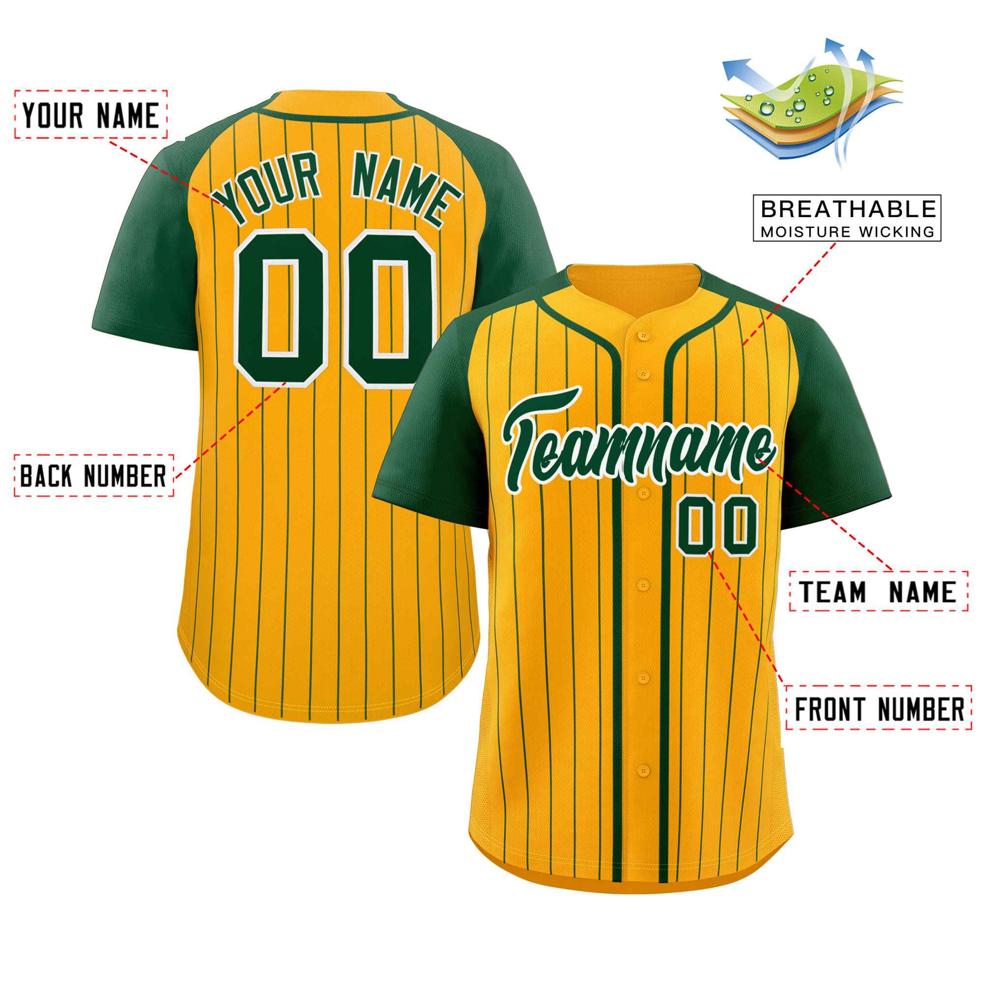 Custom Yellow Green-White Stripe Fashion Raglan Sleeves Authentic Baseball Jersey